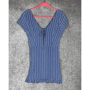 Hollister Short Sleeve Lace Up Striped Mini Dress Womens Size Large Blue Smocked